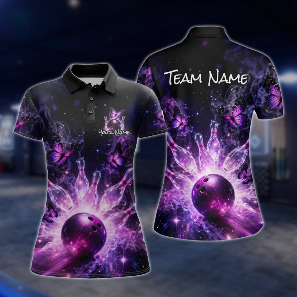 Personalized Butterflies Women's Purple Black Bowling Polo Shirt, Custom Butterfly Bowling Team Shirt Ladies BZ0775 BOW0132