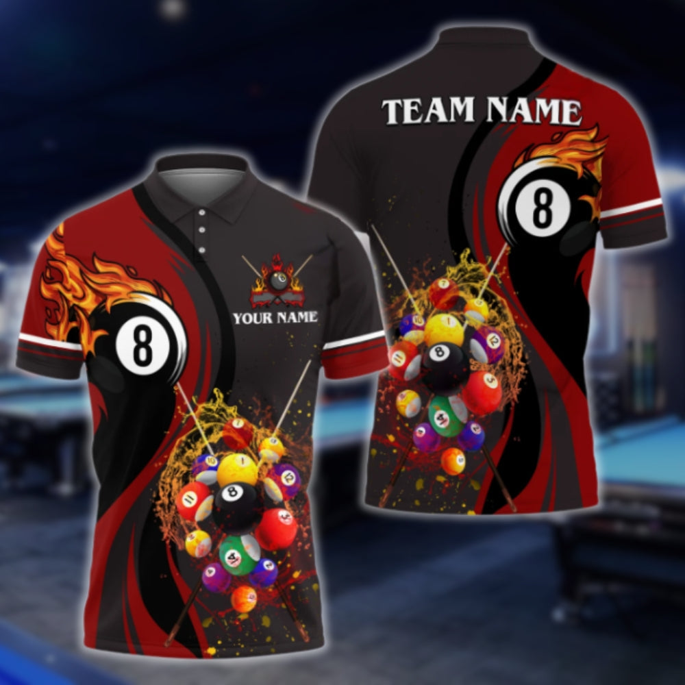 Custom Flame 8 Ball Black Red Billiard Polo Shirt Men, Custom Team 8 Ball Billiard Shirts BLD0036