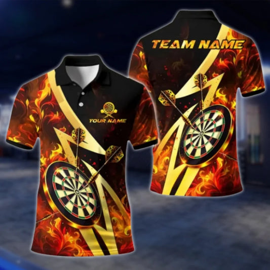 Custom Flaming Black Gold Mens Dart Polo Shirt, Custom Flame Dart Team Shirts DAT0384