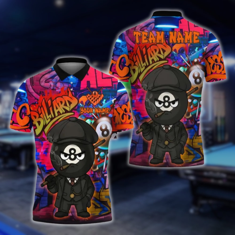 Custom 8 Ball Graffiti Men's Billiard Polo Shirts, Custom 8 Ball Pool Team Shirts BLD0045