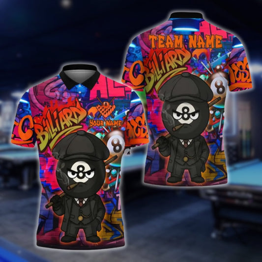 Custom 8 Ball Graffiti Men's Billiard Polo Shirts, Custom 8 Ball Pool Team Shirts BLD0045