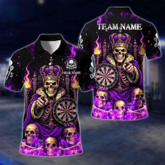 King Skull Custom Mens Purple Flame Dart Polo Shirt, Custom Skull Dart Team Shirts DAT0429