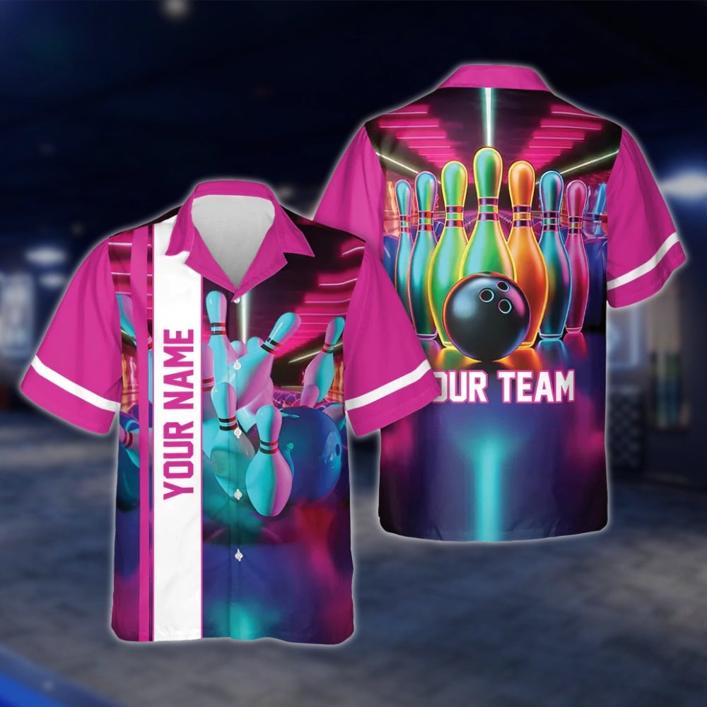 Custom Neon Pink Bowling Men And Women Hawaiian Shirts, Custom Team Bowling Shirts BE0027 BOW0343