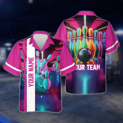 Custom Neon Pink Bowling Men And Women Hawaiian Shirts, Custom Team Bowling Shirts BE0027 BOW0343