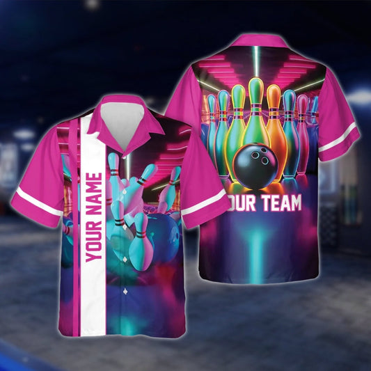 Custom Neon Pink Bowling Men And Women Hawaiian Shirts, Custom Team Bowling Shirts BE0027 BOW0343