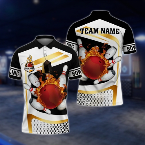 Personalized Fire Ball Men's Bowling Polo Shirt, Custom Flame Bowling Shirt For Team BZ0793 BOW0115