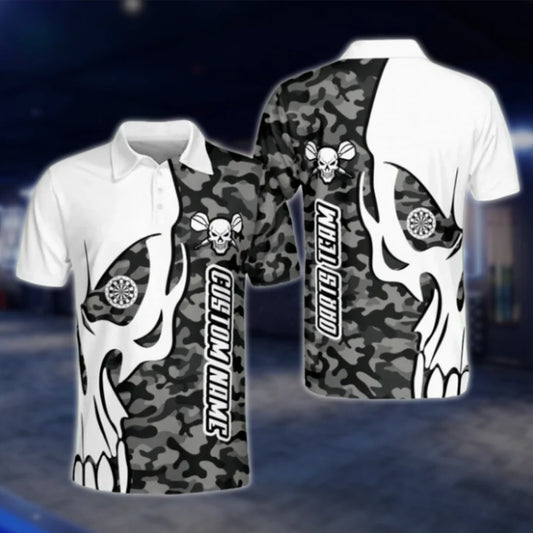 Custom Skull Camo Men's Dart Polo Shirt, Custom Skull Dart Team Shirt Black And White DAT0438