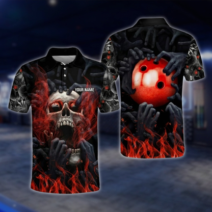 Personalized Smoke Skeketon Red Black Bowling Polo Shirt Mens, Custom Skull Bowling Shirt With Name BZ0762 BOW0157
