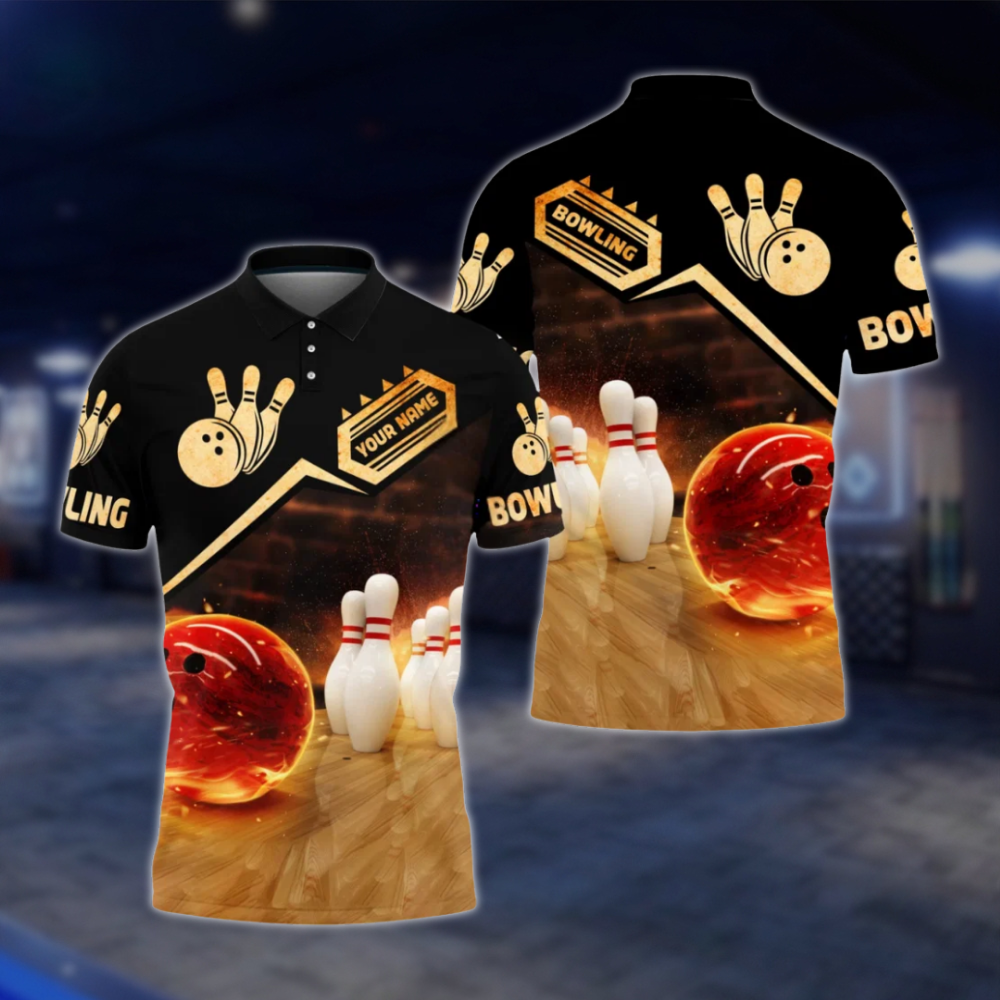 Personalized Flame Ball Bowling Mens Polo Shirt Black Gold, Custom Bowling Team Shirt BZ0801 BOW0106