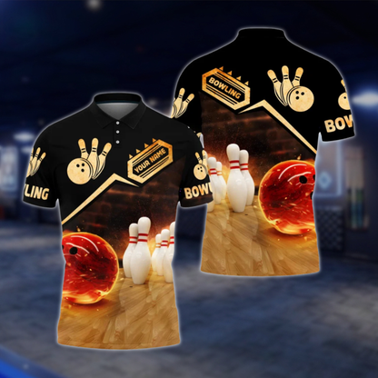 Personalized Flame Ball Bowling Mens Polo Shirt Black Gold, Custom Bowling Team Shirt BZ0801 BOW0106