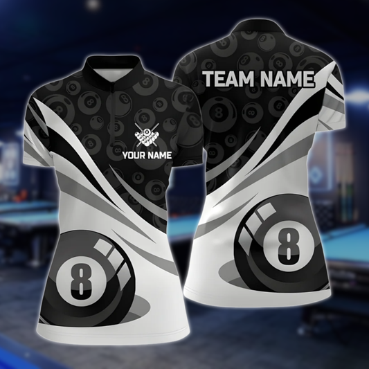 Custom 8 Ball Jersey Shirt For Ladies, Women's Custom Black And White 8 Ball Billiard Team Shirts BLD0174