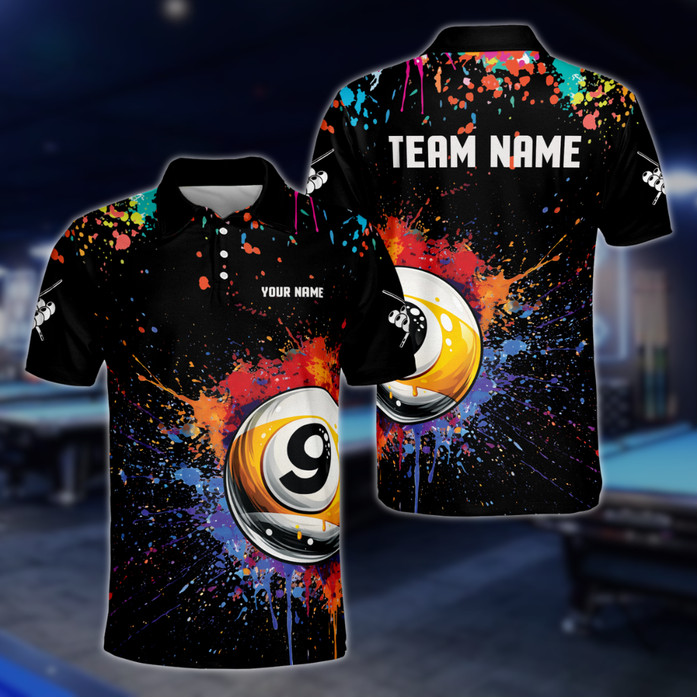 Custom Colorful 9 Ball Billiard Polo Shirt Mens, Custom 9 Ball Pool Shirts For Team BLD0115