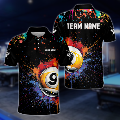 Custom Colorful 9 Ball Billiard Polo Shirt Mens, Custom 9 Ball Pool Shirts For Team BLD0115