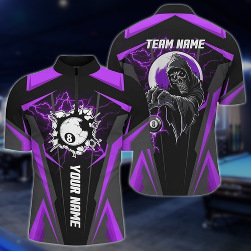 Custom Skull 8 Ball Purple Billiard Jersey For Men, Custom Skull Pool Billiard Team Shirts BLD0242