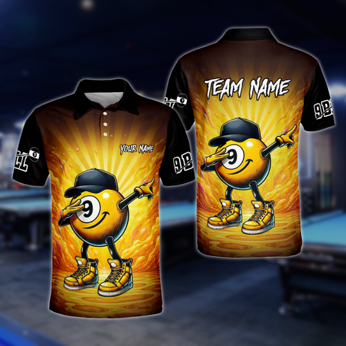 Black And Yellow Custom Funny 9 Ball Billiard Men's Polo Shirt, Custom 9 Ball Billiard Team Shirts BLD0114