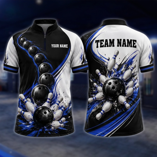 Personalized Team Blue Splash Bowling Jersey, Mens Custom Bowling Shirt BE0242 BOW0083