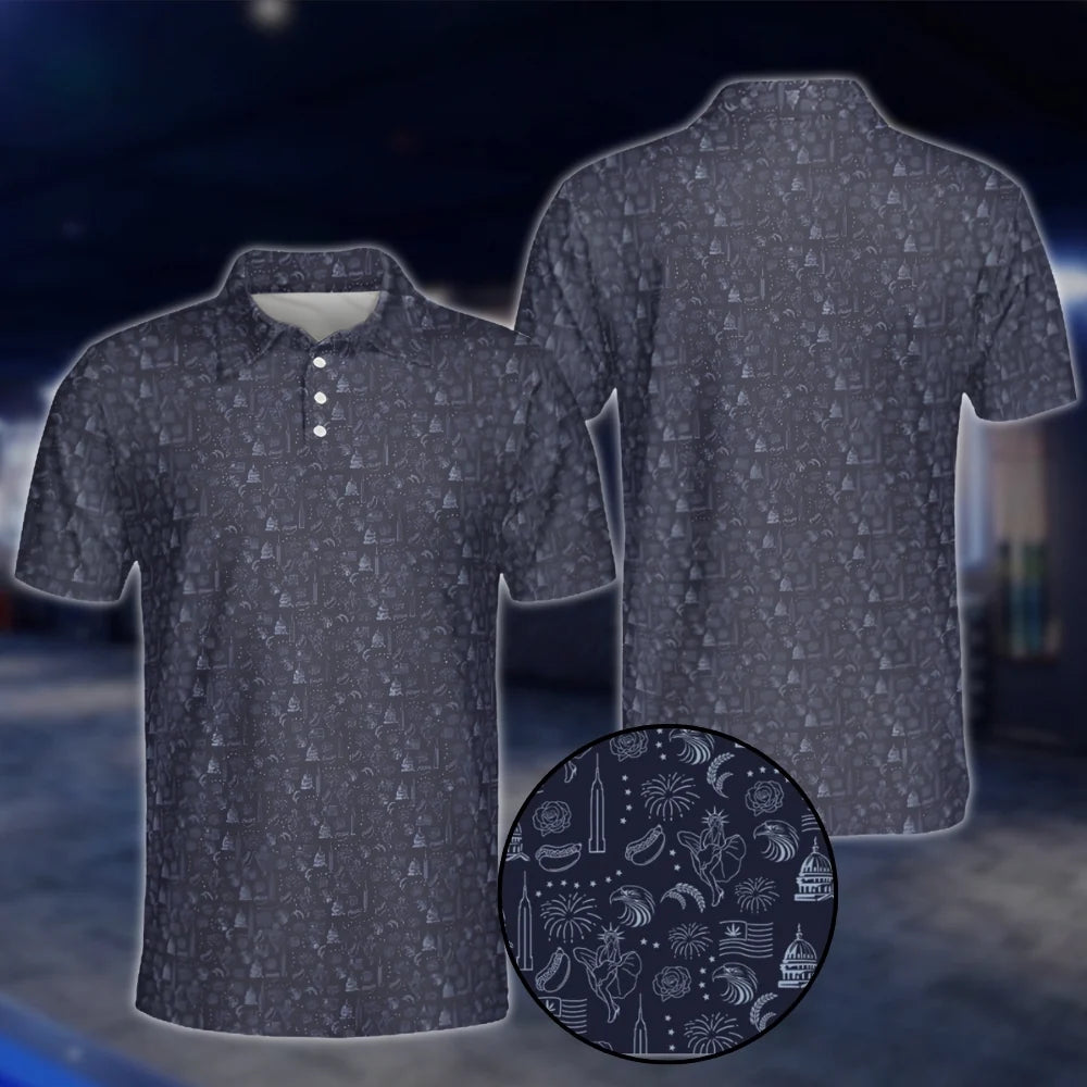 4th Of July Patriotic Pattern Mens Navy Golf Polo Shirts, 4th Of July Golf Shirts GOF0226