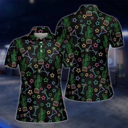 Womens Neon Cactus Cocktail Star Golf Polo Shirts, Cactus Golf Shirts Women GOF0277