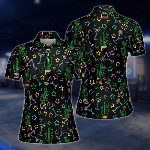 Womens Neon Cactus Cocktail Star Golf Polo Shirts, Cactus Golf Shirts Women GOF0277
