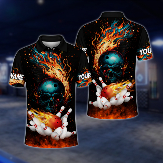 Custom Flame Skull Bowling Polo Shirts Men, Custom Skull Bowling Shirt BZ0465 BOW0481