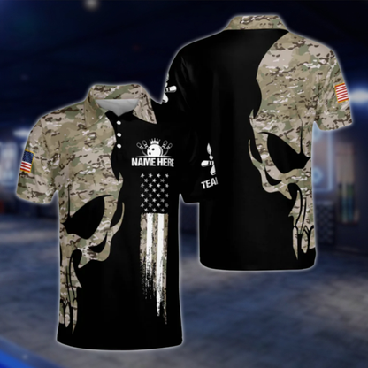 Personalised Camo Skull Bowling Polo Shirts Mens, Custom Skull Bowling Shirt Team BZ0156 BOW0486