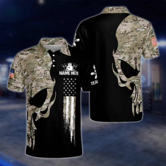 Personalised Camo Skull Bowling Polo Shirts Mens, Custom Skull Bowling Shirt Team BZ0156 BOW0486