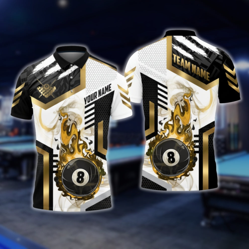 Custom Flame 8 Ball Mens Polo Shirt, Custom Flame Billiard Shirts BLD0071