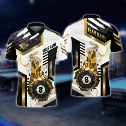 Custom Flame 8 Ball Mens Polo Shirt, Custom Flame Billiard Shirts BLD0071