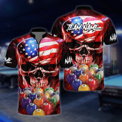 Custom American Flag Skull Billiard Men Jersey, Custom Patriotic Skull Billiard Team Shirts BLD0086