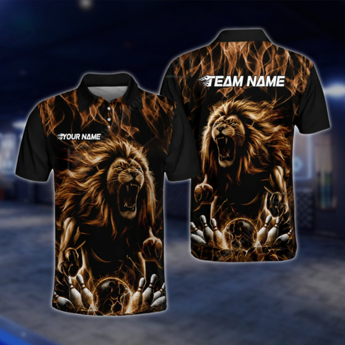 Custom Lion Flame Bowling Polo Shirt For Mens, Custom Lion Flame Bowling Team Shirts BZ0482 BOW0407