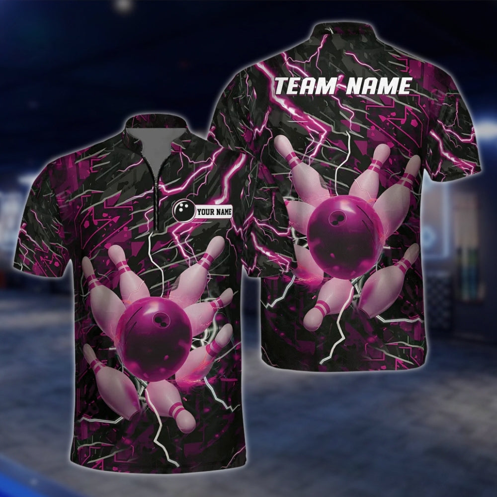 Custom Pink Thunder Lightning Mens Bowling Jersey, Custom Thunder Team Bowling Shirts BZ0165 BOW0448