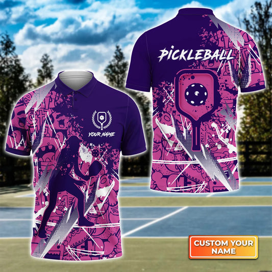 Pickleball - Scritch Woman Purple Pink Pattern Personalized Name 3D Polo Shirt QB95 Gift For Pickleball Player PKL0090
