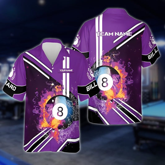 Custom Purple Flaming 8 Ball Hawaiian Shirt Mens, Custom 8 Ball Pool Team Shirts BLD0150