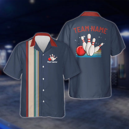 Custom Retro Blue Navy Bowling Hawaiian Shirt Men Women, Custom Retro Bowling Team Shirts BZ0005 BOW0294
