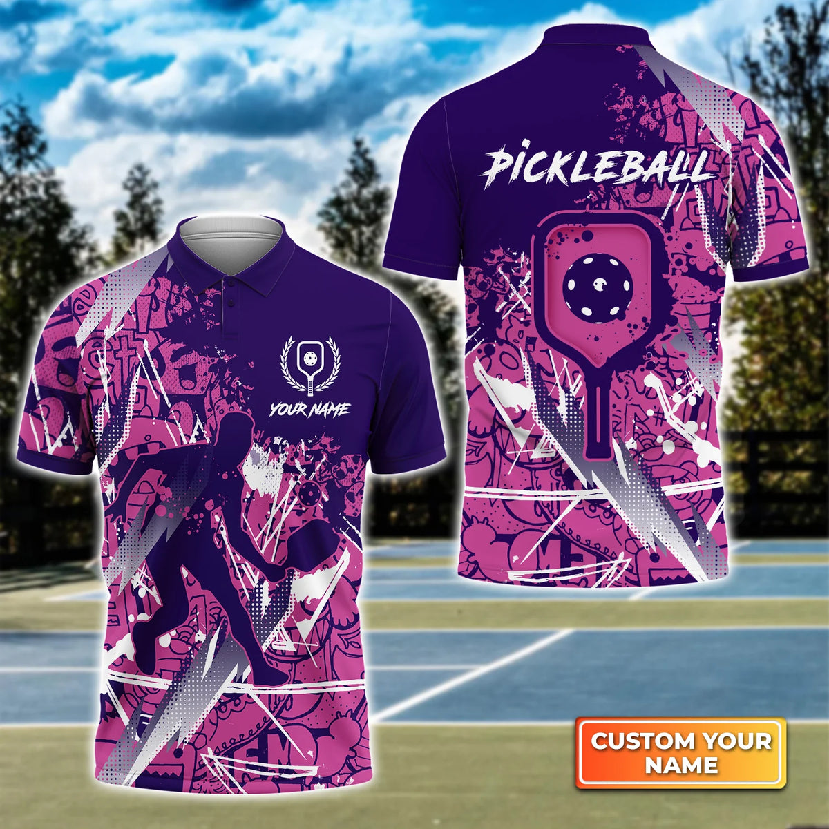 Pickleball - Scritch Man Purple Pink Pattern Personalized Name 3D Polo Shirt QB95 Gift For Pickleball Player PKL0012
