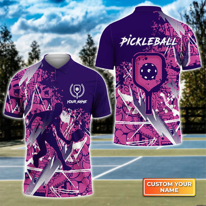 Pickleball - Scritch Man Purple Pink Pattern Personalized Name 3D Polo Shirt QB95 Gift For Pickleball Player PKL0012