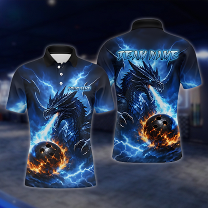 Personalized Dragon Blue Flame Thunder Bowling Mens Polo Shirt, Custom Dragon Bowling Shirt For Team BZ0893 BOW0050