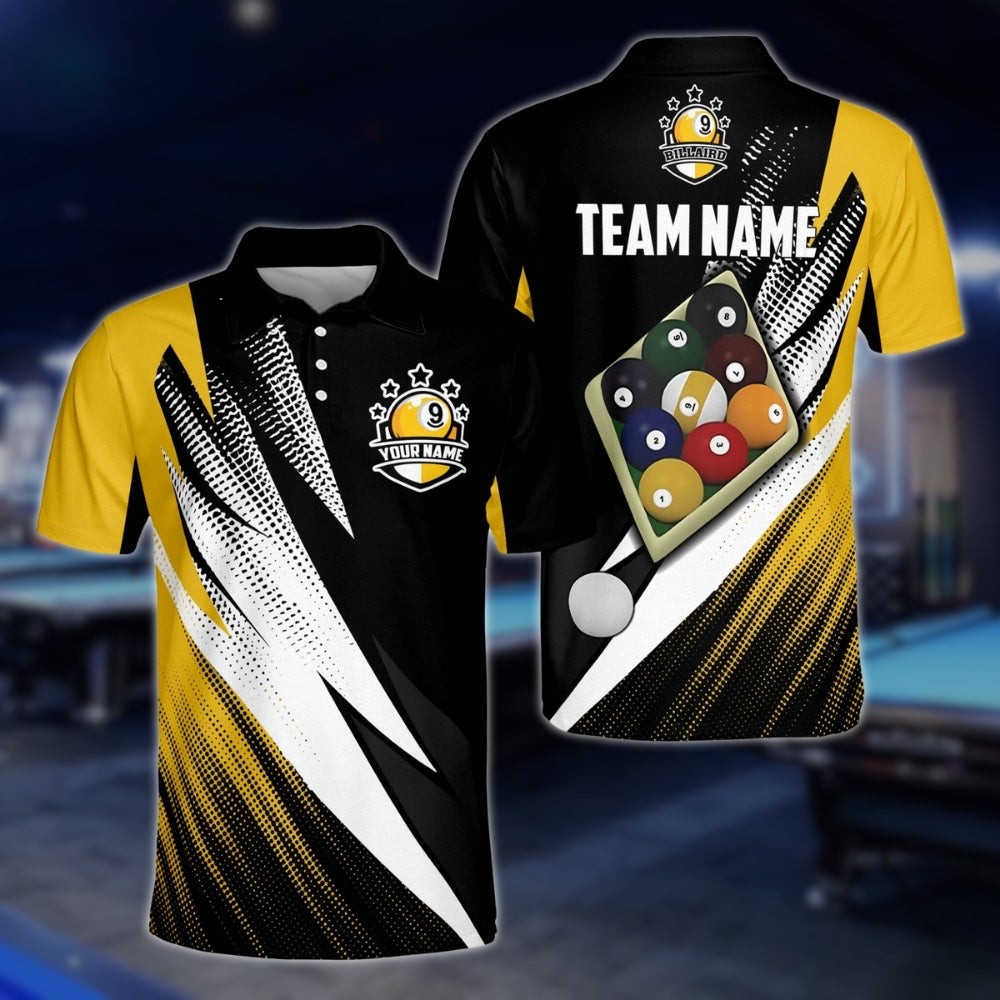 Custom Black Yellow 9 Ball Billiard Polo Shirt Men, Custom Team 9 Ball Billiard Shirts BLD0205