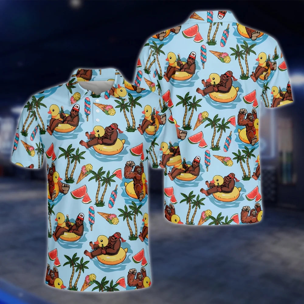 Sasquatch Bigfoot Palm Tree Beach Golf Polo Shirts For Men, Bigfoot Golf Shirts GOF0202