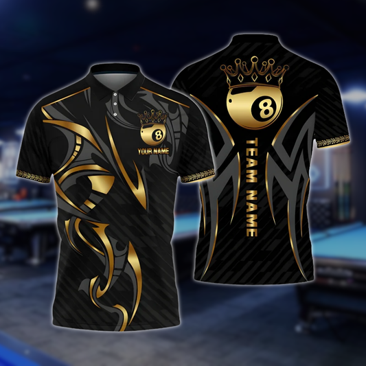 Custom Black And Gold 8 Ball Billiard Polo Shirt For Mens, Custom 8 Ball Pool Team Shirts BLD0181