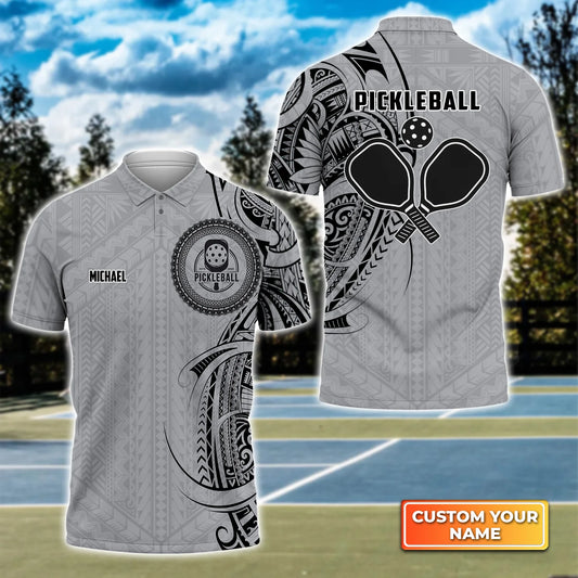 Strike Grey Tribal Tattoo Personalized Name 3D Polo Shirt QB95 Gift For Pickleball Player PKL0084