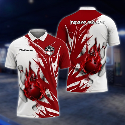 Personalized Red And White Flame Bowling Polo Shirt For Men, Custom Team Flame Bowling Shirts BZ0760 BOW0159