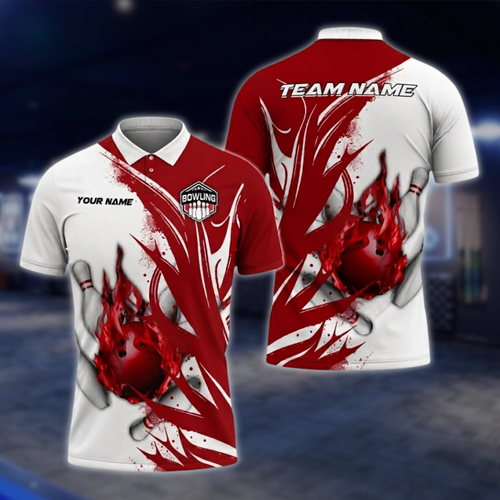 Personalized Red And White Flame Bowling Polo Shirt For Men, Custom Team Flame Bowling Shirts BZ0760 BOW0159