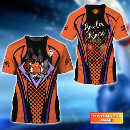Personalized 3D Bowling T-Shirt for Men Women Bowling Lovers, Gift for Bowl Team Players, Sport Bowler Enthusiast, Custom Name Pins and Ball Apparel ORN0219