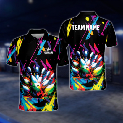 Customized Graffiti Colorful Polo Bowling Team Shirts For Men, Custom Team Bowling Shirts BL0004 BOW0489