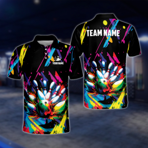 Customized Graffiti Colorful Polo Bowling Team Shirts For Men, Custom Team Bowling Shirts BL0004 BOW0489