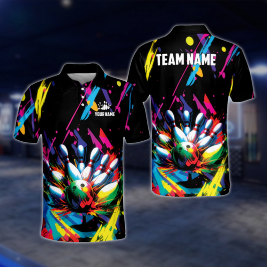 Customized Graffiti Colorful Polo Bowling Team Shirts For Men, Custom Team Bowling Shirts BL0004 BOW0489