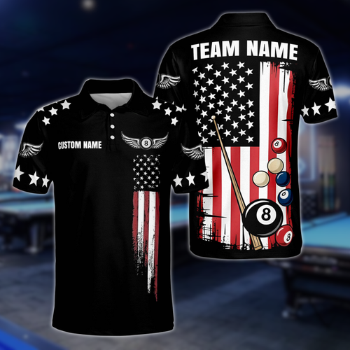 Custom American Flag Billiard Polo Shirt Mens, Custom Patriotic Billiard Team Shirt BLD0028