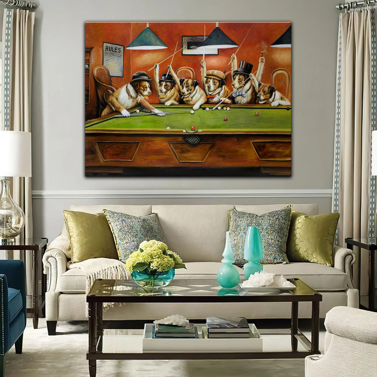 Dogs Playing Terms of Pool/Snock Canvas Wall Art Decor 3D Print Horizontal Canvas Wall Art Pet Painting Artwork ORN0167