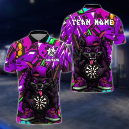 Funny Wolf Custom Graffiti Purple Men's Darts Polo Shirt, Custom Wolf Dart Team Shirts DAT0413